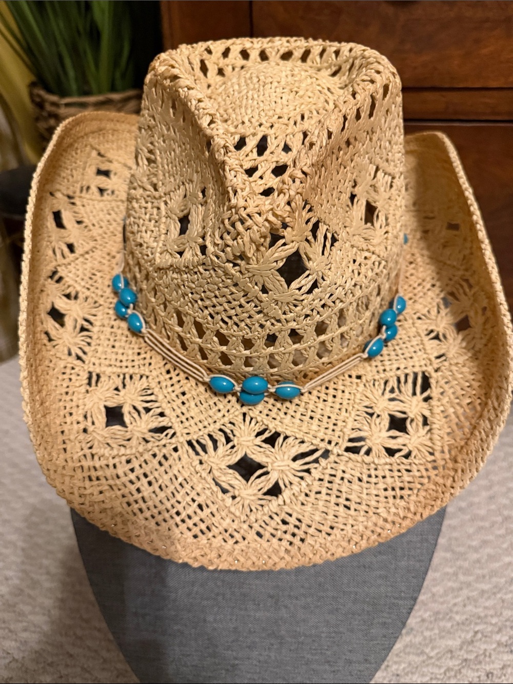 Sun & Sand Western Paper Hat Rim has Turquoise Beads